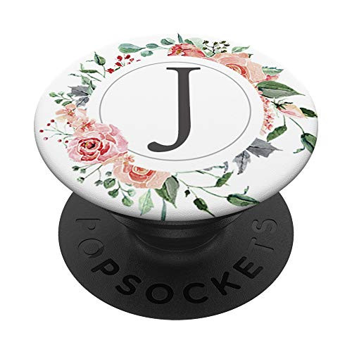 Floral Flower Initial J Monogram Pink and Gray Letter J PopSockets Grip and Stand for Phones and Tablets