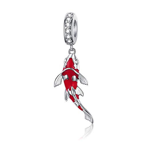 BAMOER Lucky Carp Dangle Charm 925 Sterling Silver Red Enamel CZ Beads Fit Original Bracelet Pendant