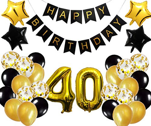 40th Birthday Party Decorations Kit Happy Birthday Banner with Number 40 Birthday Balloons for Birthday Party Supplies 40th Gold and Black Birthday Party Pack