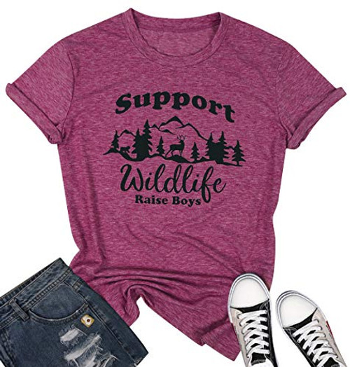 Support Wildlife Raise Boys T-Shirt Women Funny Letter Print Mom Casual Shirt Short Sleeve O-Neck Tee Tops Pink M