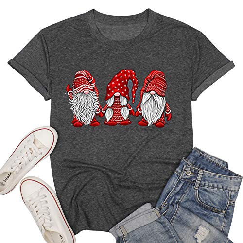 Gnome Christmas Shirt Women Funny Gnomes Holiday Graphic Tee Shirts Casual Short Sleeve Tops Red Grey