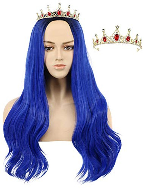 VGbeaty Adult Women Long Wave Blue Costume Wig with Red Crown Halloween Cosplay Anime Wig VGbeaty Adult Women Long Wave Blue Costume Wig with Red Crown Halloween Cosplay Anime Wig