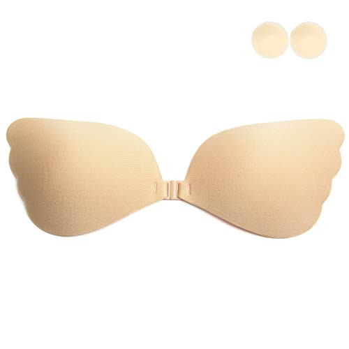 TuBellus Invisible Adhesive Bra Sticky Push Up Silicone Bra for Women Backless Strapless Wedding Dress A Cup Beige