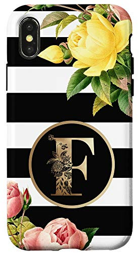 iPhone XXS Initial F Monogram Vintage Roses On Black And White Stripes Case