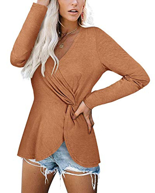 VOTEPRETTY Womens Casual Long Sleeve Wrap Shirt V-Neck Twist Knotted Tunic Blouse Tops OrangeL VOTEPRETTY Womens Casual Long Sleeve Wrap Shirt V-Neck Twist Knotted Tunic Blouse Tops OrangeL