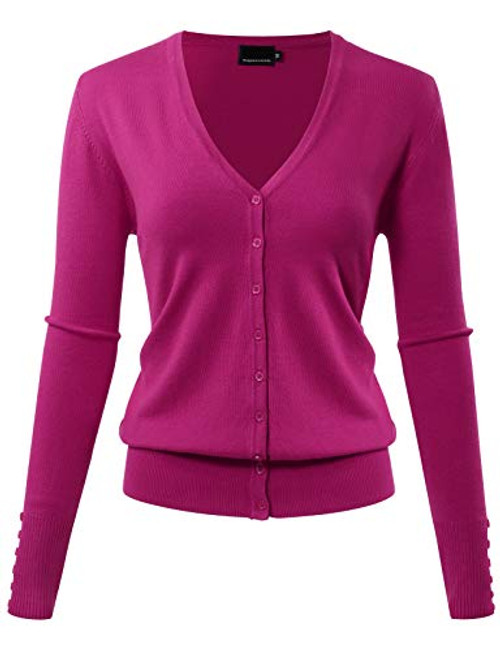 Womens Long Sleeve Button Down Basic Sweater Classic V-Neck Knit Cardigan Soft Knit M Magenta