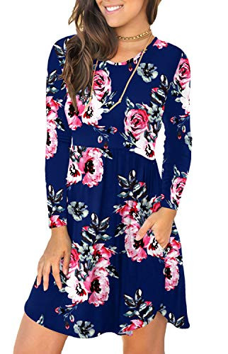 YUNDAI Womens Long Sleeve Casual Loose Plain Dresses Short Dress with Pockets M Print Navy