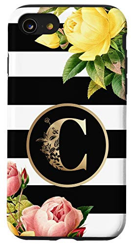 iPhone SE 2020  7  8 Initial C Monogram Vintage Roses On Black And White Stripes Case