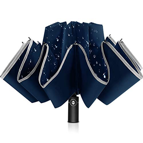 UUstar Inverted Umbrella with Reflective Stripe Windproof Automatic Folding Umbrella Portable Reverse Umbrella Rain Sun Travel Navy Blue