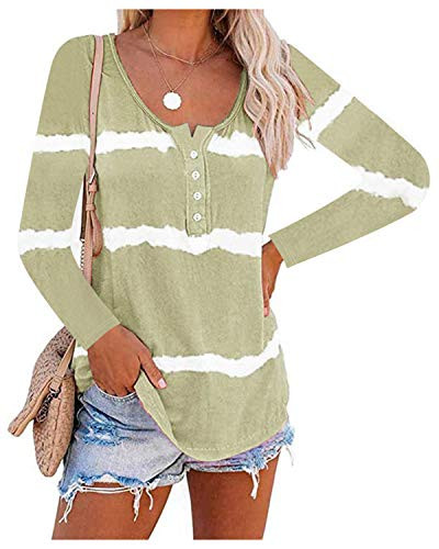 NP Womens Tie Dye Printed Long Sleeve Shirts Stripes Loose Tunic Tops Button Blouse Shirt Green L