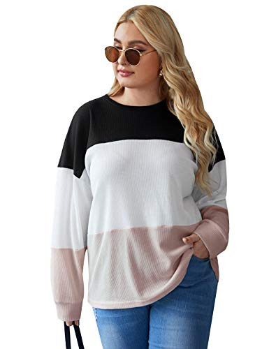 Romwe Womens Plus Size Color Block Tops Long Sleeve Casual Basic T Shirts Tee Multicolor 1XL