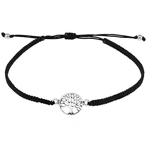 AeraVida Spiritual Mini Tree of Life _925 Sterling Silver Charm on Cotton Rope Adjustable Wrist Pull Bracelet