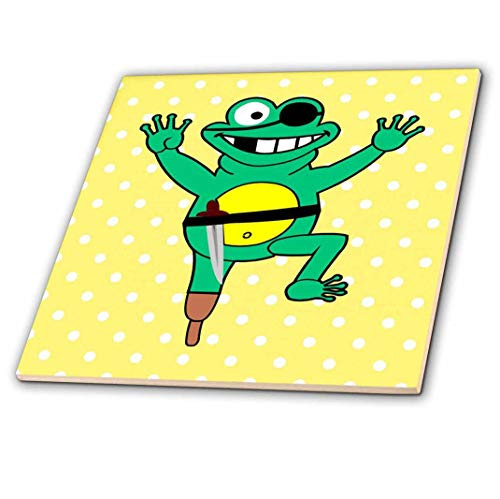 3D Rose Image of Jumping Cartoon Pirate Frog On Yellow Dots Ceramic Tile Multicolor
