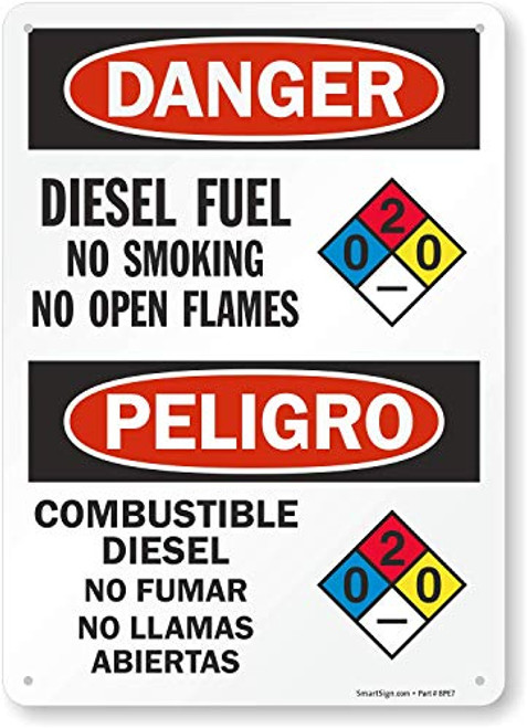 Smartsign S-9401-B-PL-14Danger Diesel Fuel No Smoking No Open Flames Plastic Sign Bilingual with Graphic 14 x 10 BlackRed on White