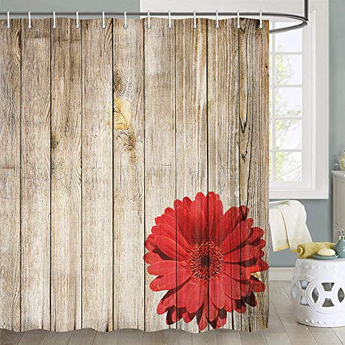 Rustic Shower Curtain for Bathroom Red Daisy Flower on Rustic Wooden Barn Cabin Lodge Farmhouse Shower Curtain Cute Daisy Shower Curtain Bathroom Set Waterproof Shower Curtain Hooks Include 70 in