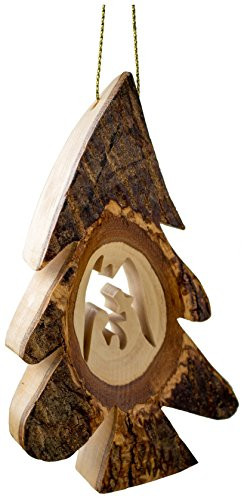 EARTHWOOD FINE WOOD PRODUCTS B-29 Olive Wood Thick Bark Tree Ornament with Nativity Brown