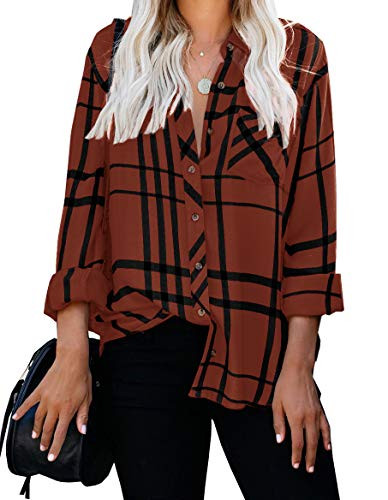 ZC GF Womens Long Sleeve V-Neck Stripes Casual Blouses Pocket Button Down Shirt Tops Large Brown