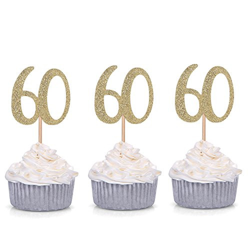 Giuffi Set of 24 Golden 60th Birthday Cupcake Toppers Party Decors - by