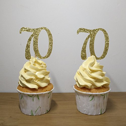 Set of 24 Golden Number 70 Cupcake Toppers 70th Birthday Celebrating Party Decors - by Giuffi