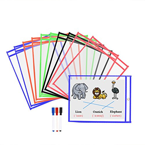 Godery Dry Erase Pocket Sleeves Assorted Colors, 9 x 12 inches, Office Supplies Reusable Dry Erase Pockets, 10 Pockets per Pack