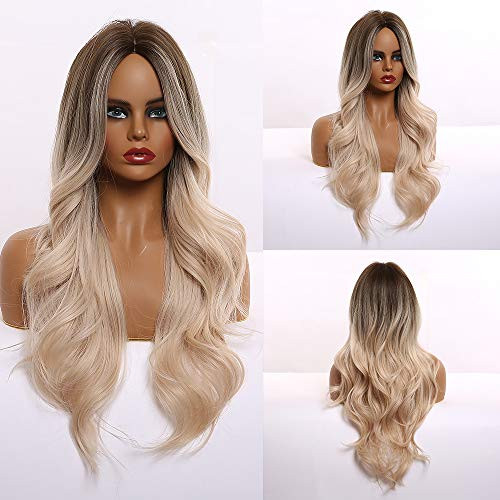 HAIRCUBE Long Curly Synthetic Hair Wigs for Women Middle Parting Dark Brown to Blonde HAIRCUBE Long Curly Synthetic Hair Wigs for Women Middle Parting Dark Brown to Blonde