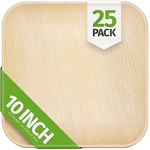 10 Palm Leaf Plates - 25 Pack - Square - Compostable Biodegradable   Eco-Friendly Party Plates - Sturdy   Heavy Duty Alternative to Plastic Paper Wood or Disposable Bamboo Plates - By Aevia