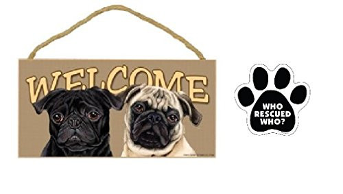 WolfDreamsDecor 5 x 10 Lovable Pugs Welcome Wood Plaque  Who Rescued Who? Paw Print Car Magnet Dog Lover Gift