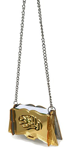 Mini Al Quran in Small Box w/ Hanging Chain Muslim Car Mirror Hanging Decoration Arabic Calligraphy Engraved Islam Car Ornament (Gold - Al Quran)