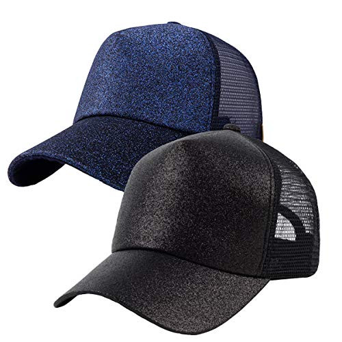 FADA Glitter Ponytail Baseball Cap 2 Packs Messy High Bun Trucker Hats with Ponytail Hole Mesh Back Ponycap Dad Hat for Women FADA Glitter Ponytail Baseball Cap 2 Packs Messy High Bun Trucker Hats with Ponytail Hole Mesh Back Ponycap Dad Hat for Women