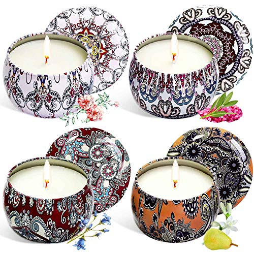 Scented Candles Gift Set Natural Soy Wax 4_4 oz Portable Travel Tin Candles Women Gift with Strongly Fragrance Essential Oils for Aromatherapy 4 Pack Scented Candles Gift Set Natural Soy Wax 4_4 oz Portable Travel Tin Candles Women Gift with Strongly Fragrance Essential Oils for Aromatherapy 4 Pack