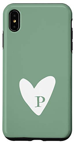 iPhone XS Max Cute Hand Drawn White Heart with Personalized Letter P Green Case