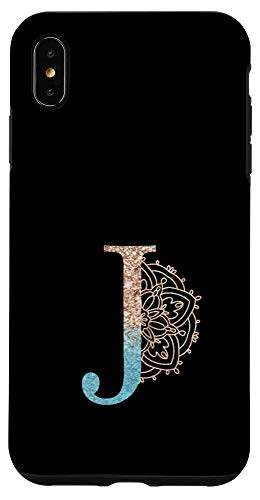 iPhone XS Max Teal Blue Mandala with Letter J Monogram Initial on Black Case