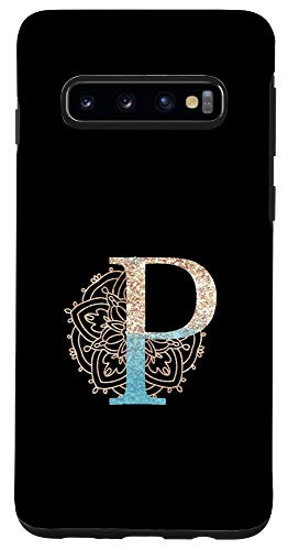 Galaxy S10 Teal Blue Mandala with Letter P Monogram Initial on Black Case