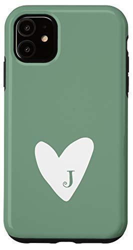iPhone 11 Cute Hand Drawn White Heart with Personalized Letter J Green Case