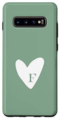 Galaxy S10 Cute Hand Drawn White Heart with Personalized Letter F Green Case