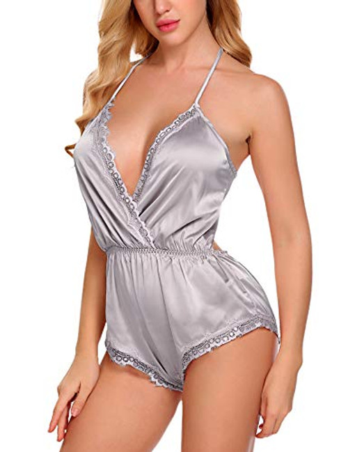 ADOME Women Lingerie Bodysuit V Neck Teddy Lace Babydoll Satin Pajamas Nightwear Misty Grey M ADOME Women Lingerie Bodysuit V Neck Teddy Lace Babydoll Satin Pajamas Nightwear Misty Grey M