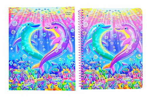Lisa Frank Dancing Dolphins 3 Hole Pocket Folder and Spiral Bound Wide Ruled Notebook with Glitter Cover