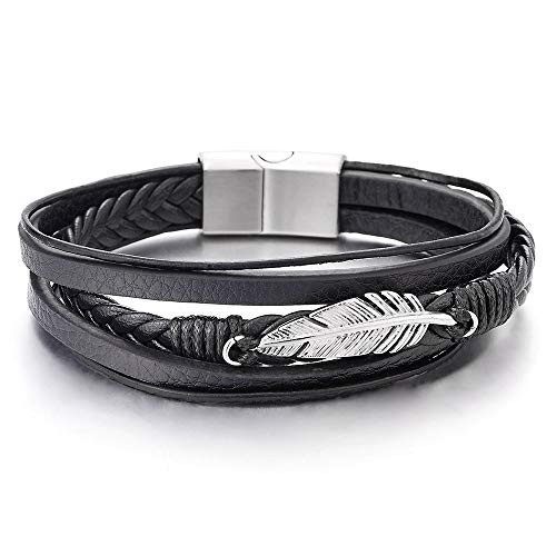COOLSTEELANDBEYOND Mens Women Stainless Steel Feather Multi-Strand Black Braided Leather Bangle Bracelet