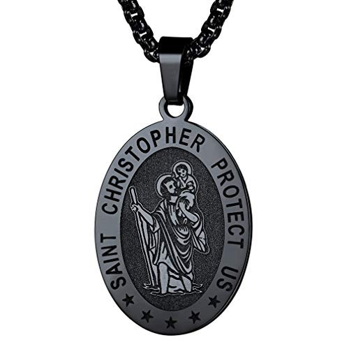 FaithHeart Saint Christopher Necklace Stainless Steel Protective Patron St_ Christopher Medal Charms Christian Pendant Jewelry for Men Black