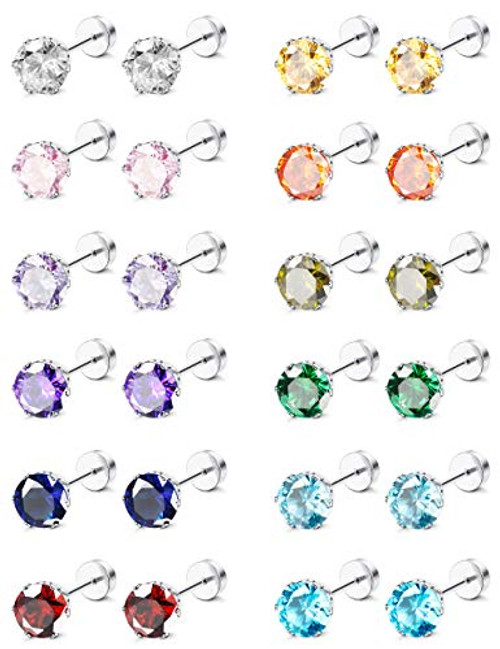 ORAZIO CZ Stud Earrings for Women Men Stainless Steel Cubic Zirconia Screwback Earrings Set 6MM CZ ORAZIO CZ Stud Earrings for Women Men Stainless Steel Cubic Zirconia Screwback Earrings Set 6MM CZ