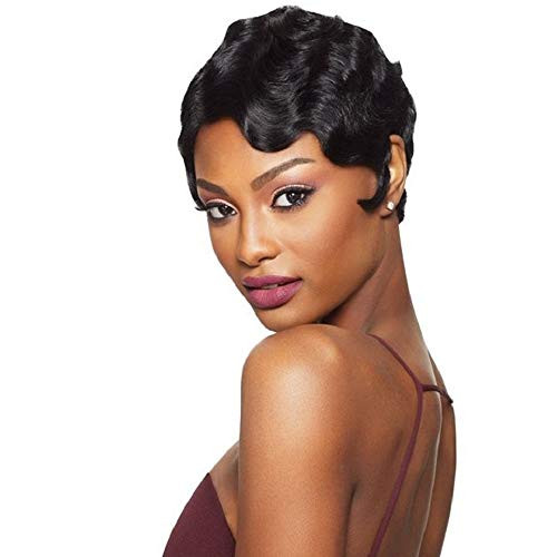 DAOTS Vintage Water Ripple Wigs for Women Synthetic Wavy Curly Short Black Wig with Wig Cap for Halloween Costume Cosplay Black