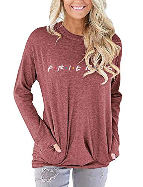 Womens Crewneck Sweatshirt Casual Cute Graphic Loose Fitting Tops Long Sleeve T Shirt with PocketsFri-Wine2XL Womens Crewneck Sweatshirt Casual Cute Graphic Loose Fitting Tops Long Sleeve T Shirt with PocketsFri-Wine2XL