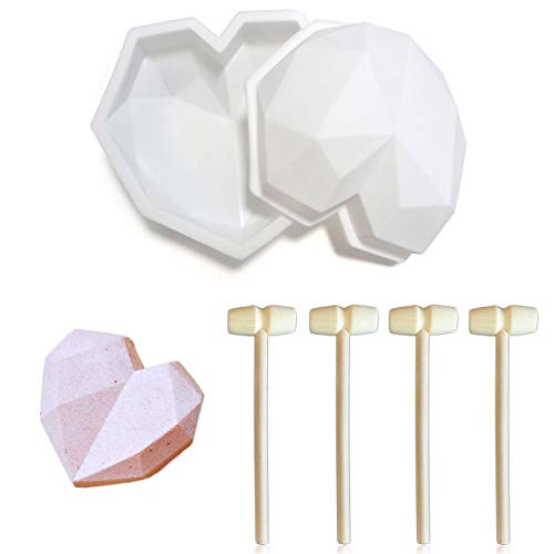 Breakable Heart Mold 2 Pcs Geometric Silicone Heart Shaped Mousse Cake Mold Heart Shaped Cake Baking Pans for Chocolate Diamond Silicone Tray for Dessert with 4Pcs Wooden Mallet Hammer