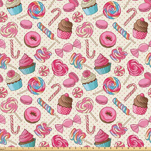 Ambesonne Candy Cane Fabric by The Yard Yummy Lollipop Candy Macaroon Cupcake and Donut on Polka Dots Pattern Microfiber Fabric for Arts and Crafts Textiles   Decor 1 Yard Pink Cream