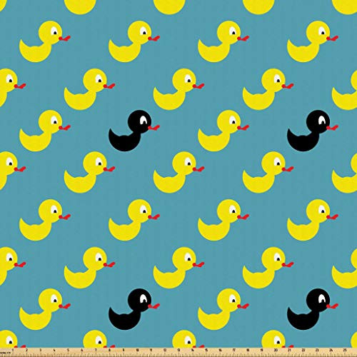 Lunarable Duckies Fabric by The Yard Abstract Bathroom Toy Pattern a Black Rubber Duck Among Yellow Ones Children Theme Microfiber Fabric for Arts and Crafts Textiles   Decor 1 Yard Teal