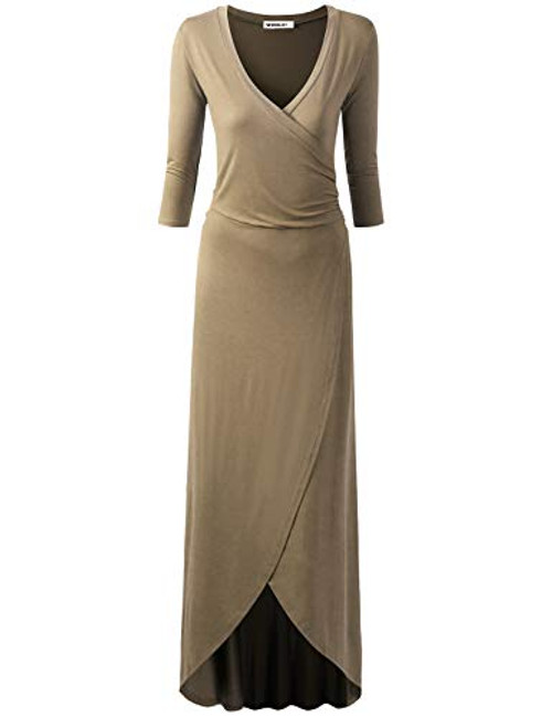 Doublju Womens Lace Hem Blouse Surplice Neck Deep V-Neck Bodycon Dress Mocha M