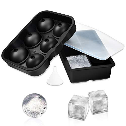 Silicone Ice Cube Tray with Lids BPA Free Whiskey Ice Ball Mold Reusable Large Ice Trays with Covers Set of 2 Square and Round Ice Cube Mold for Whiskey Cocktails