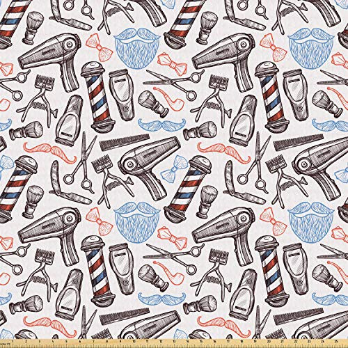 Lunarable Retro Fabric by The Yard Barber Shop Accessories Monochrome Doodle Style Composition and Beard with Mustache Stretch Knit Fabric for Clothing Sewing and Arts Crafts 1 Yard Blue Red