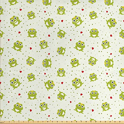 Lunarable Animal Fabric by The Yard Illustration of Frog Prince on Heart Dotted Retro Background Love Romance Decorative Fabric for Upholstery and Home Accents 1 Yard White Green