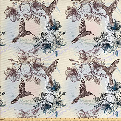 Ambesonne Hummingbird Fabric by The Yard Birds and Hibiscus Flowers Nostalgia Antique Design Classical Print Decorative Fabric for Upholstery and Home Accents 1 Yard Teal Brown